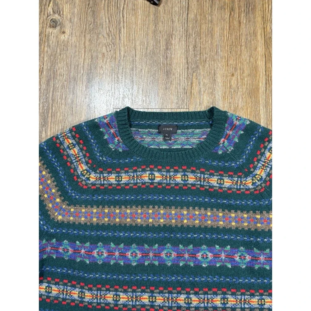 J Crew Lambswool Fair Isle Sweater XL Green Fisherman Nordic Mens